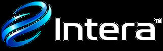 Intera company logo with blue spiral design and white text on black background