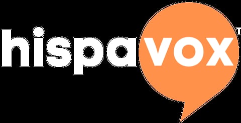 HispaVox logo with white text and orange speech bubble on black background